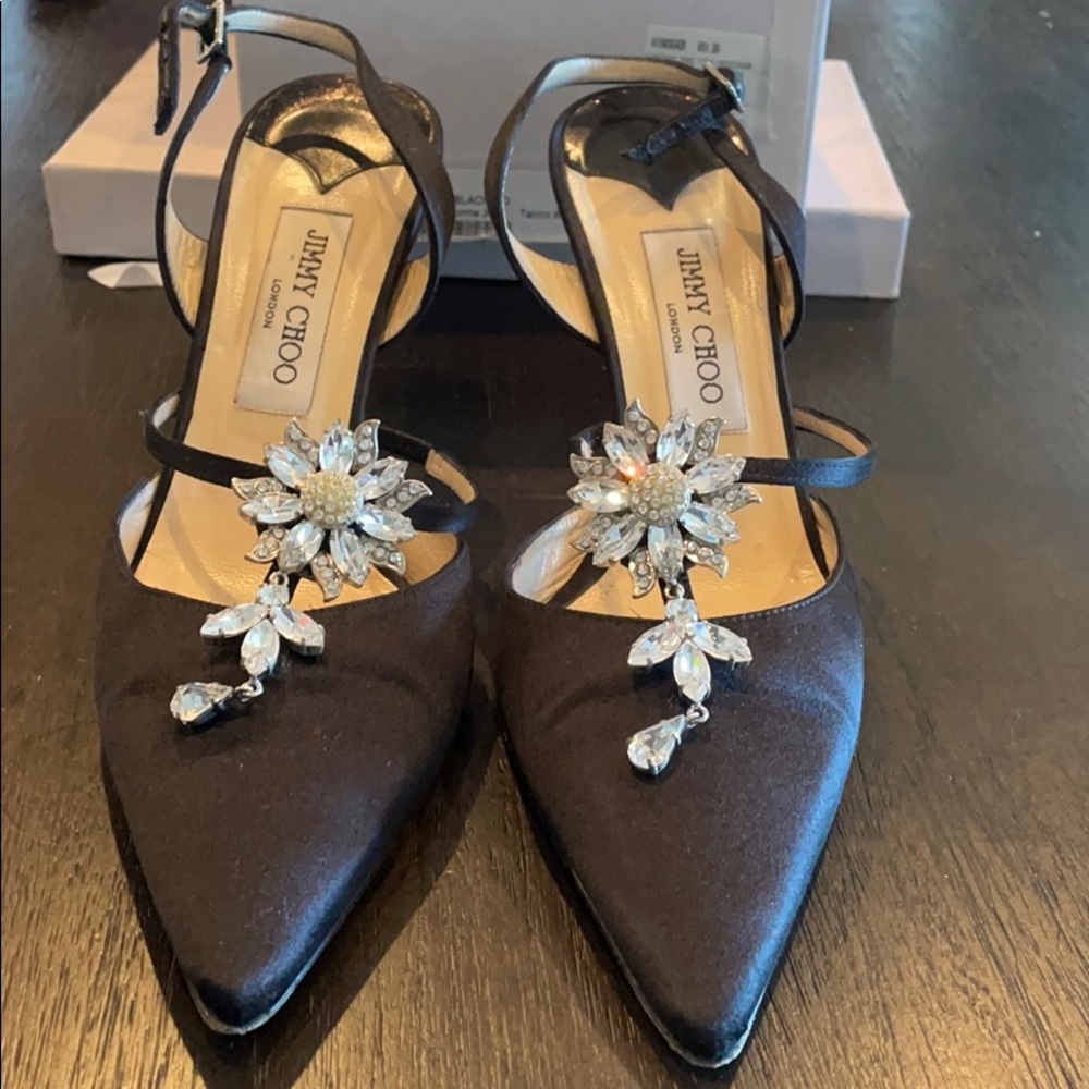 Jimmy Choo Flower Black Satin Heels